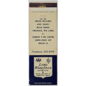 Vintage Front Strike Matchbook Cover Lord Wakefield Motor Hotel MA
